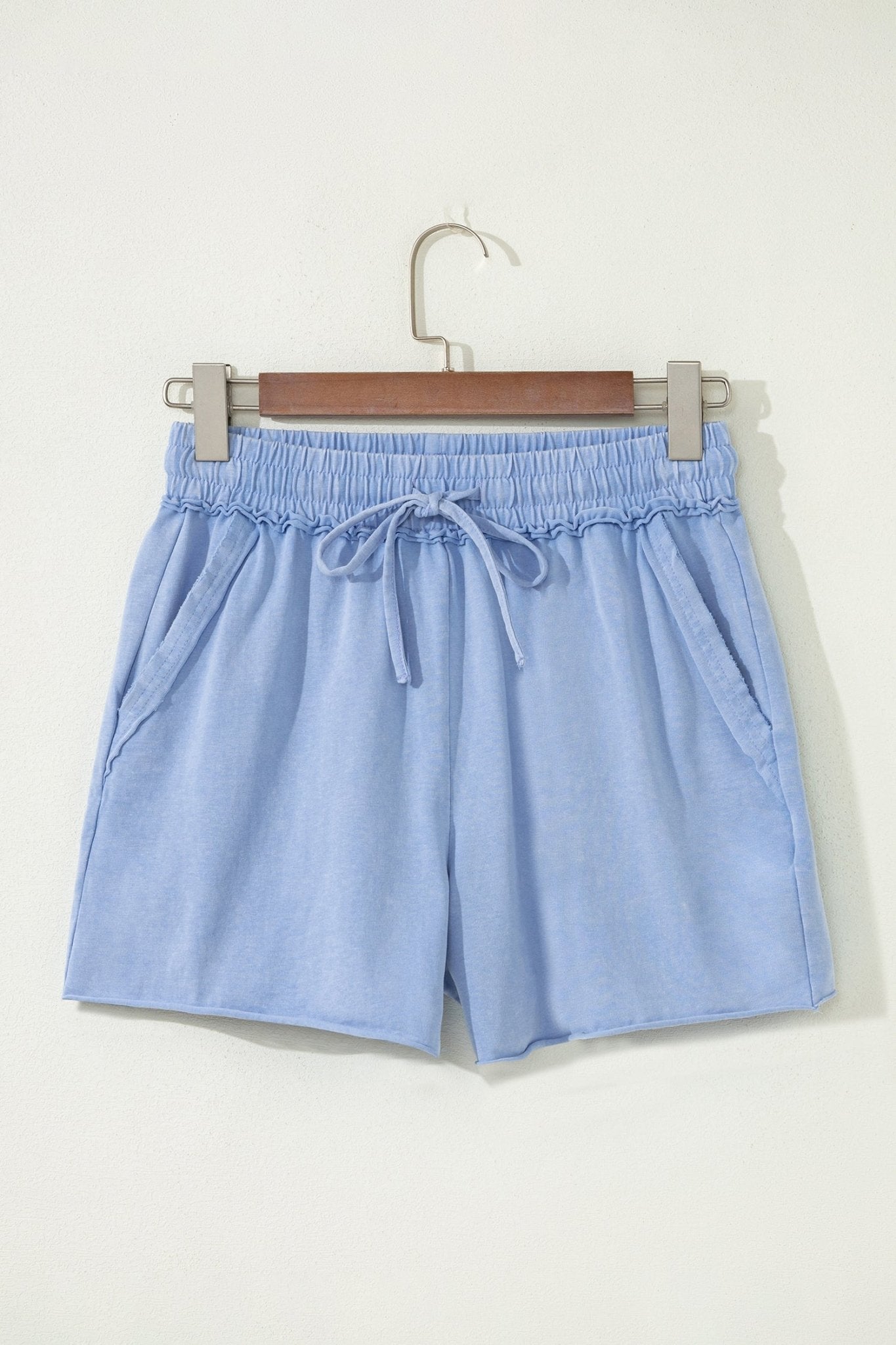 Sky Blue Mineral Washed Drawstring Elastic Waist Raw Cut Shorts - Raelynns&Co