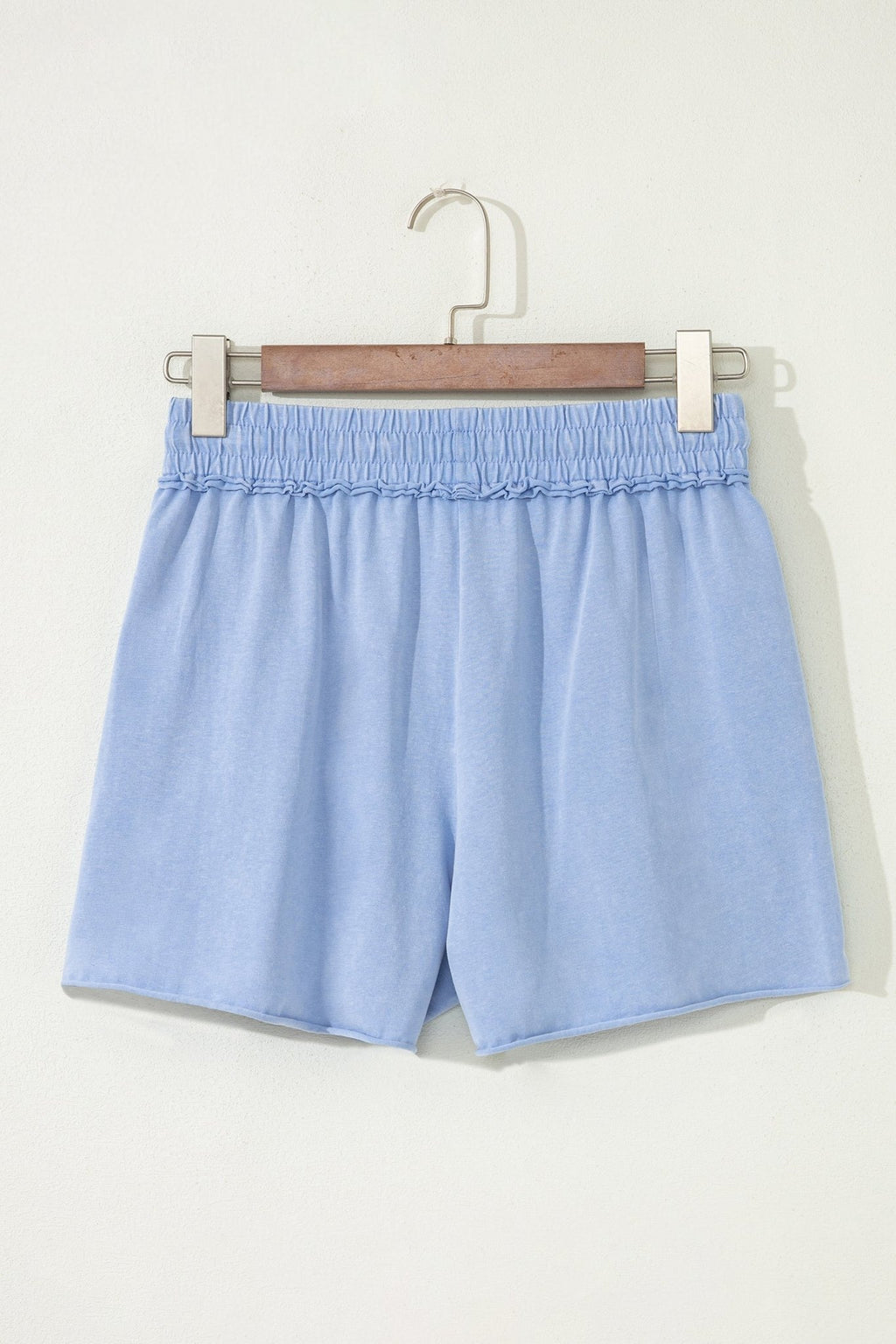 Sky Blue Mineral Washed Drawstring Elastic Waist Raw Cut Shorts - Raelynns&Co