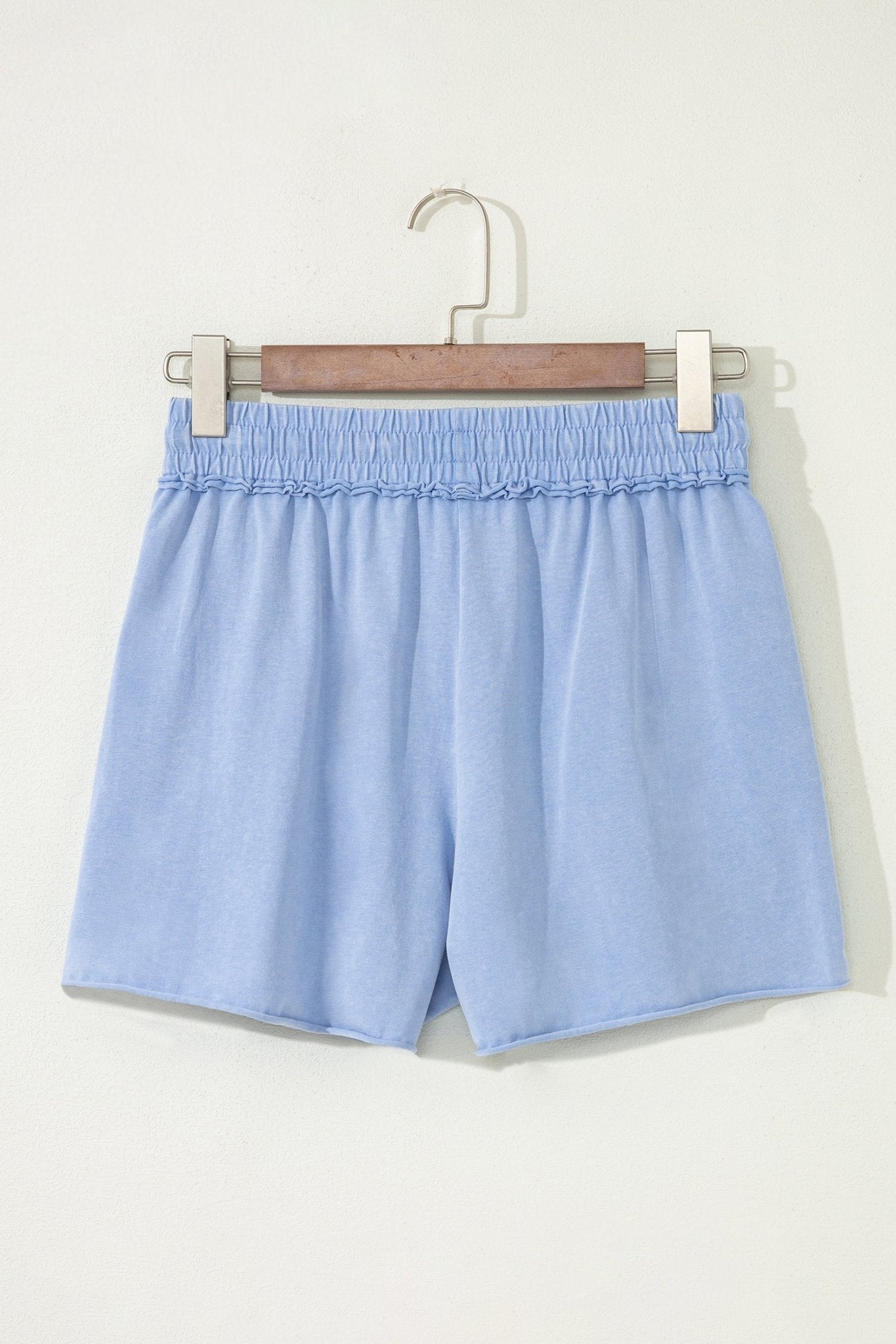 Sky Blue Mineral Washed Drawstring Elastic Waist Raw Cut Shorts - Raelynns&Co