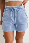 Sky Blue Mineral Washed Drawstring Elastic Waist Raw Cut Shorts - Raelynns&Co