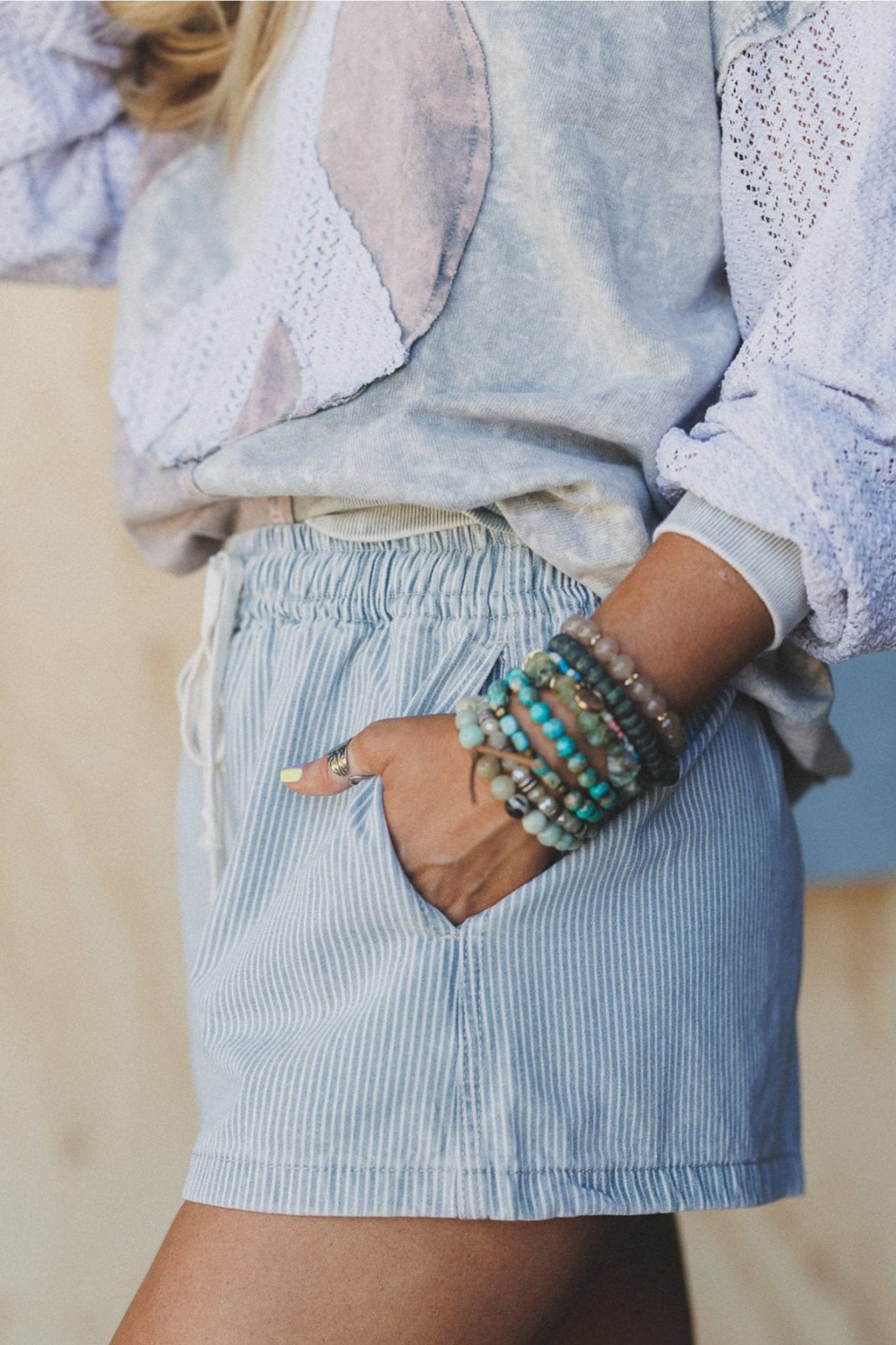 Sky Blue Stripe Drawstring Elastic Waist Casual Denim Shorts - Raelynns&Co