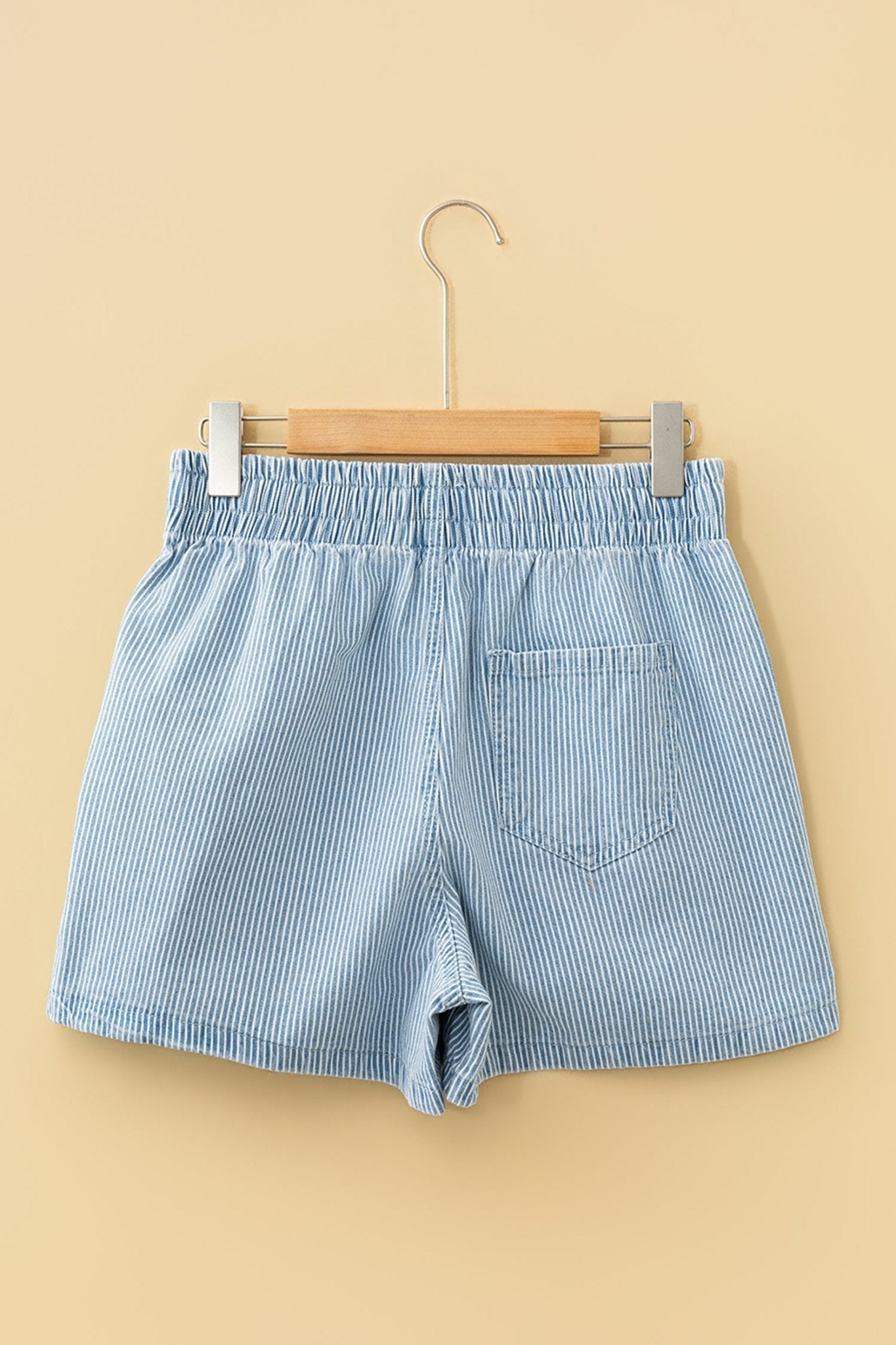Sky Blue Stripe Drawstring Elastic Waist Casual Denim Shorts - Raelynns&Co
