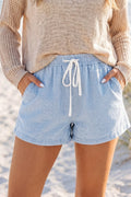 Sky Blue Stripe Drawstring Elastic Waist Casual Denim Shorts - Raelynns&Co