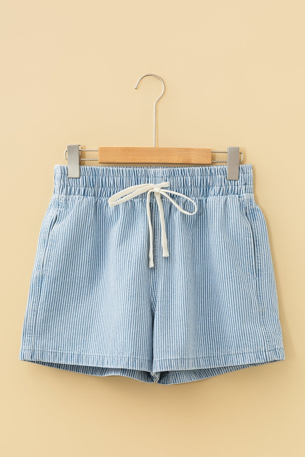 Sky Blue Stripe Drawstring Elastic Waist Casual Denim Shorts - Raelynns&Co
