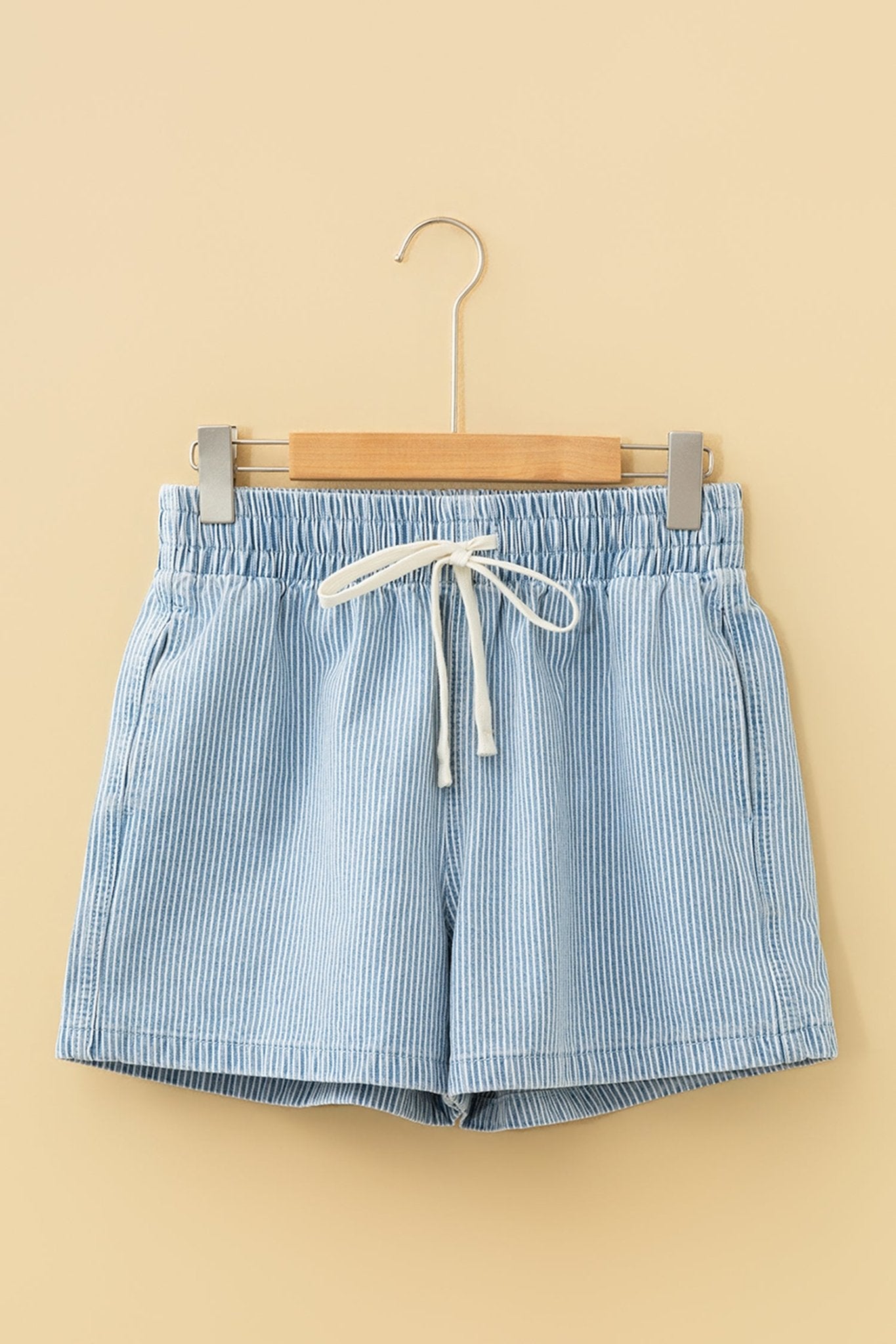 Sky Blue Stripe Drawstring Elastic Waist Casual Denim Shorts - Raelynns&Co