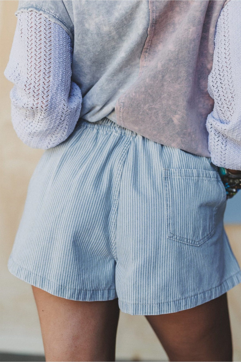 Sky Blue Stripe Drawstring Elastic Waist Casual Denim Shorts - Raelynns&Co