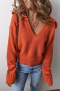 Solid Collared V - Neck Ribbed Edge Sweater - RaeLynns Boutique