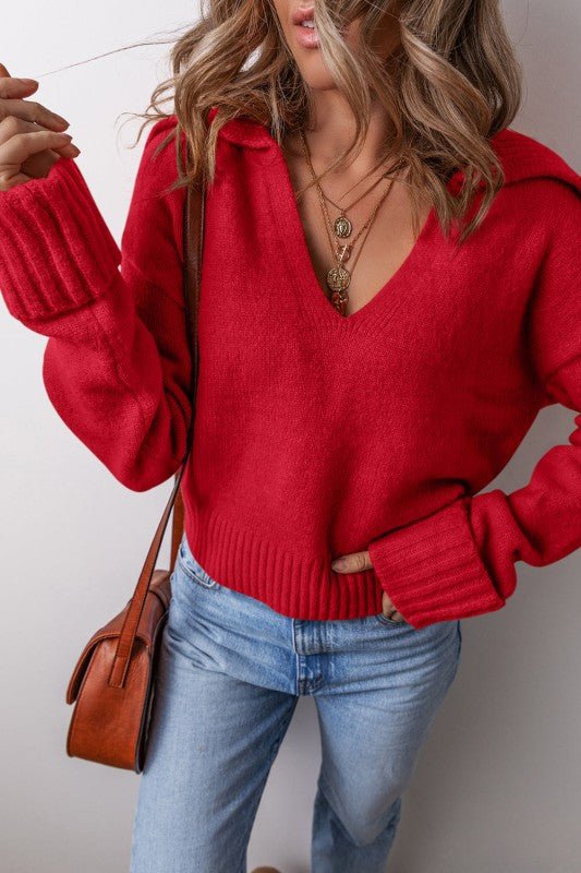 Solid Collared V - Neck Ribbed Edge Sweater - RaeLynns Boutique