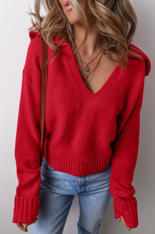 Solid Collared V - Neck Ribbed Edge Sweater - RaeLynns Boutique