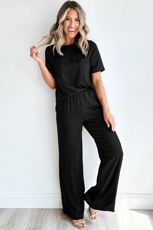 Solid Color T Shirt 2pcs Wide Leg Pants Set - RaeLynns Boutique
