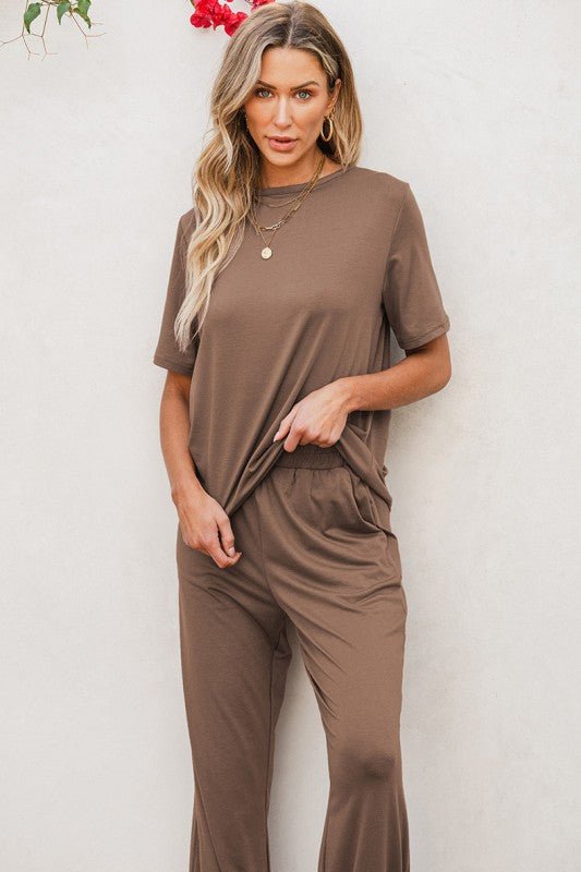Solid Color T Shirt 2pcs Wide Leg Pants Set - RaeLynns Boutique