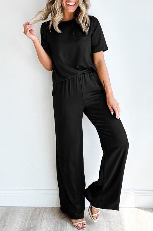 Solid Color T Shirt 2pcs Wide Leg Pants Set - RaeLynns Boutique