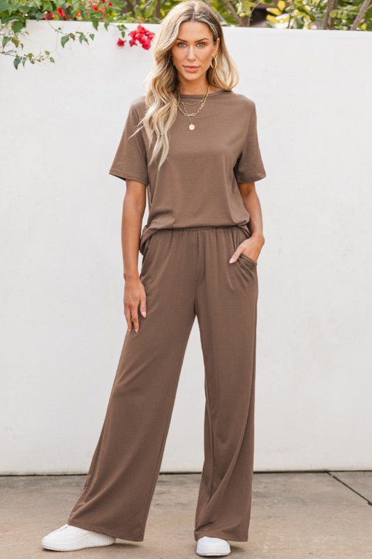 Solid Color T Shirt 2pcs Wide Leg Pants Set - RaeLynns Boutique