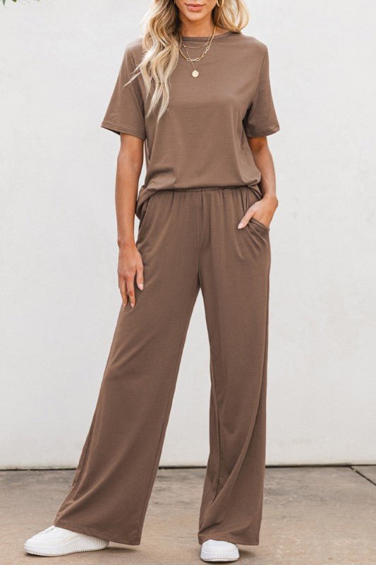 Solid Color T Shirt 2pcs Wide Leg Pants Set - RaeLynns Boutique