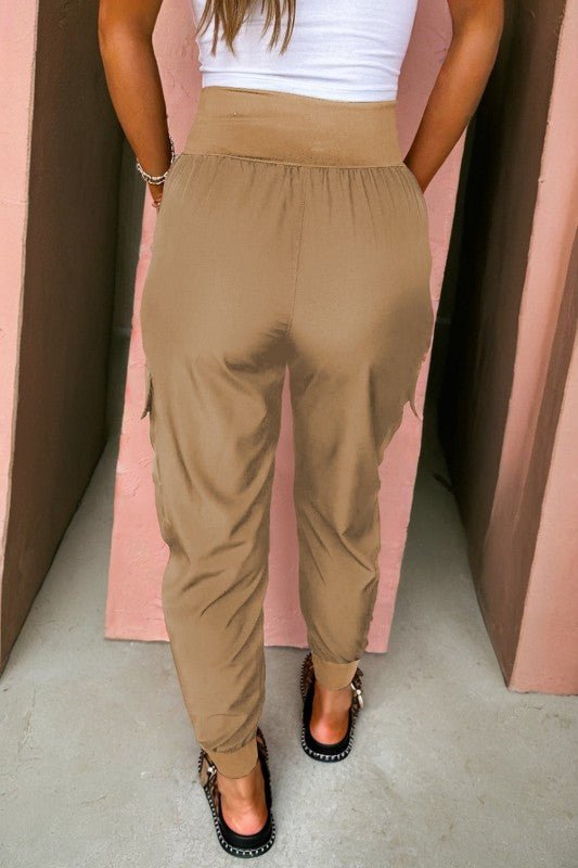 Solid Elastic High Waist Pocketed Cargo Jogger Pan - RaeLynns Boutique