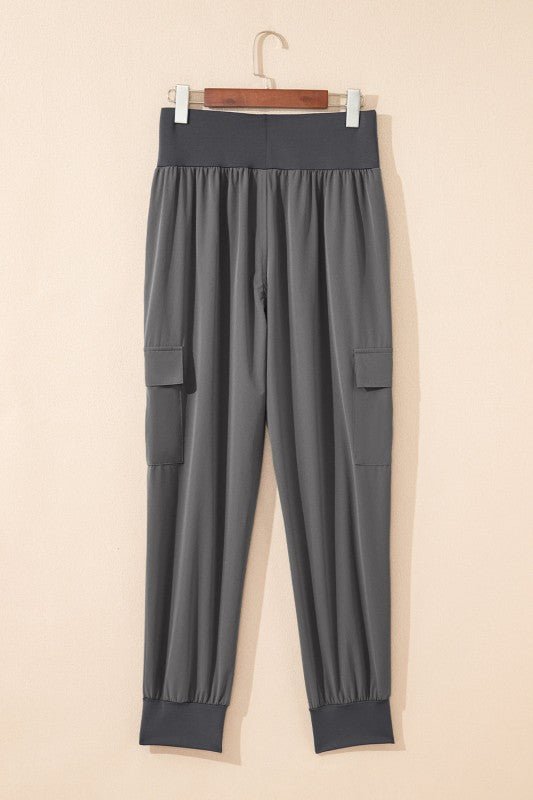 Solid Elastic High Waist Pocketed Cargo Jogger Pan - RaeLynns Boutique