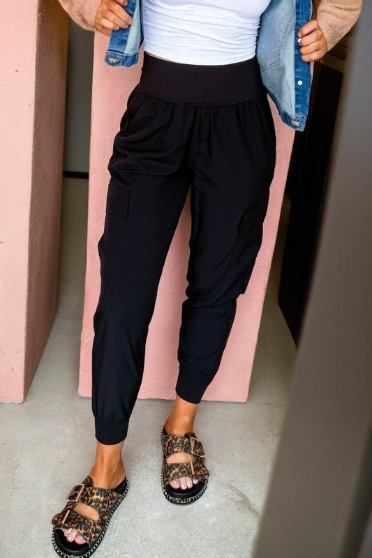 Solid Elastic High Waist Pocketed Cargo Jogger Pan - RaeLynns Boutique