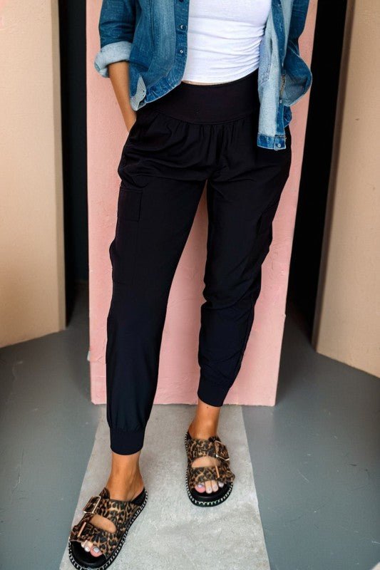 Solid Elastic High Waist Pocketed Cargo Jogger Pan - RaeLynns Boutique