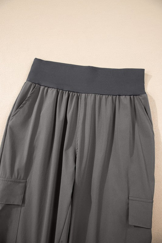 Solid Elastic High Waist Pocketed Cargo Jogger Pan - RaeLynns Boutique