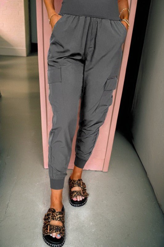 Solid Elastic High Waist Pocketed Cargo Jogger Pan - RaeLynns Boutique