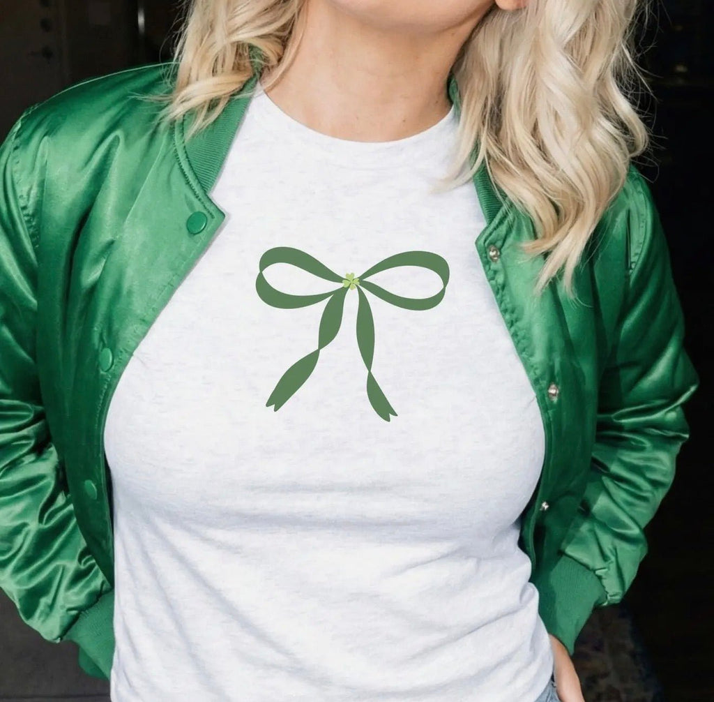 St. Patrick’s Day Green Bow Cropped Baby Tee (Made to order so preorders are open until 02/26 to ensure delivery by St. Patrick’s Day) - RaeLynns Boutique