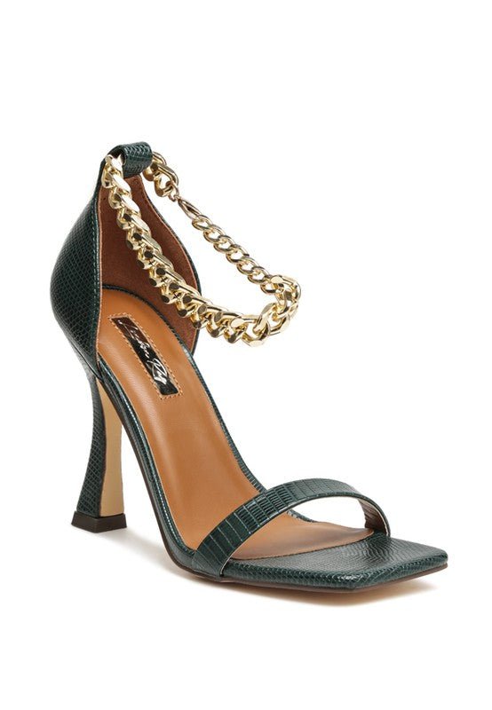 VENUSTA HEEL SANDAL WITH METAL CHAIN IN GOLD - RaeLynns Boutique