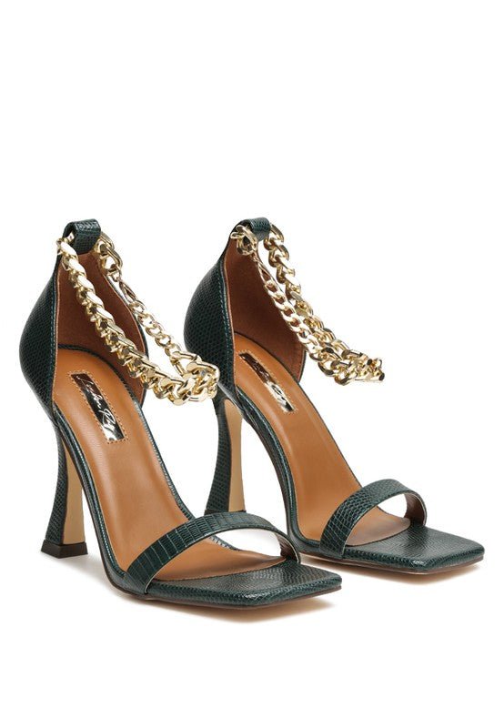 VENUSTA HEEL SANDAL WITH METAL CHAIN IN GOLD - RaeLynns Boutique