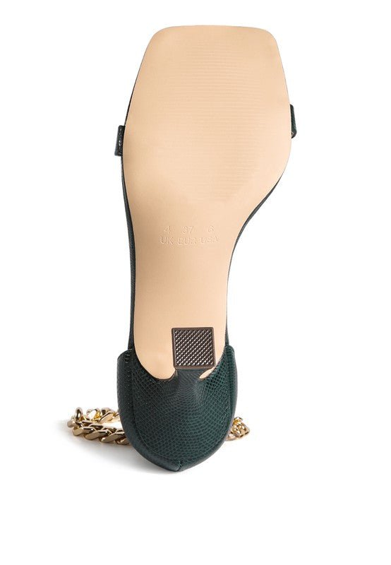 VENUSTA HEEL SANDAL WITH METAL CHAIN IN GOLD - RaeLynns Boutique