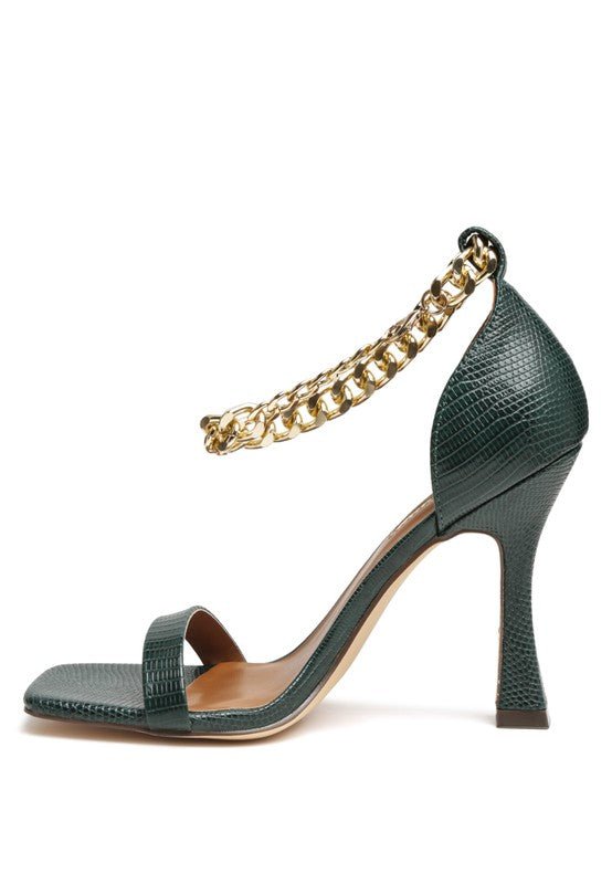 VENUSTA HEEL SANDAL WITH METAL CHAIN IN GOLD - RaeLynns Boutique