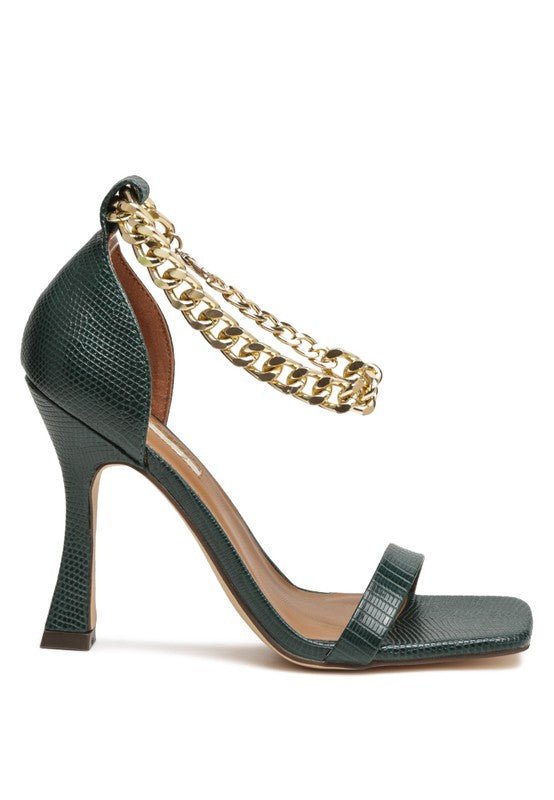 VENUSTA HEEL SANDAL WITH METAL CHAIN IN GOLD - RaeLynns Boutique