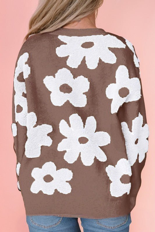 Vintage Flower Drop Shoulder Loose Sweater - RaeLynns Boutique