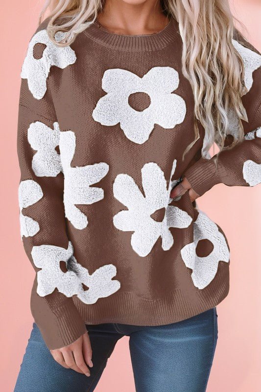 Vintage Flower Drop Shoulder Loose Sweater - RaeLynns Boutique