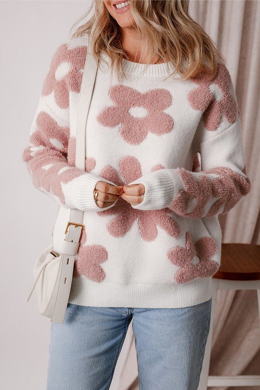 Vintage Flower Drop Shoulder Loose Sweater - RaeLynns Boutique