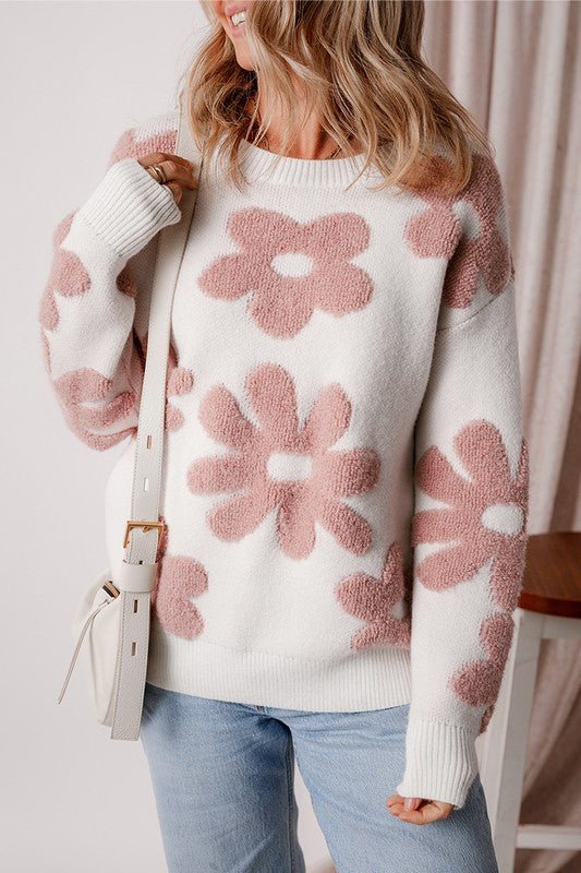 Vintage Flower Drop Shoulder Loose Sweater - RaeLynns Boutique