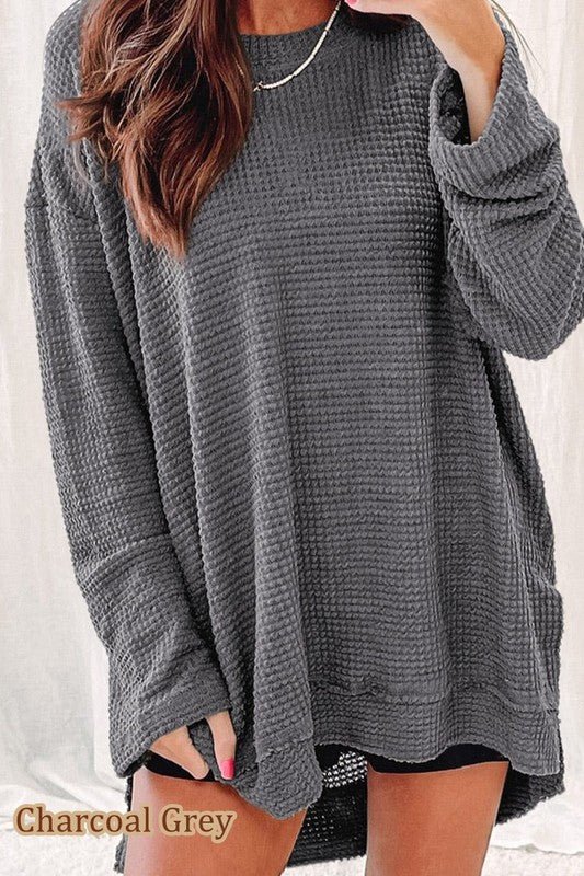 Waffle Knit Drop Sleeve Side Slits Oversized Top - RaeLynns Boutique