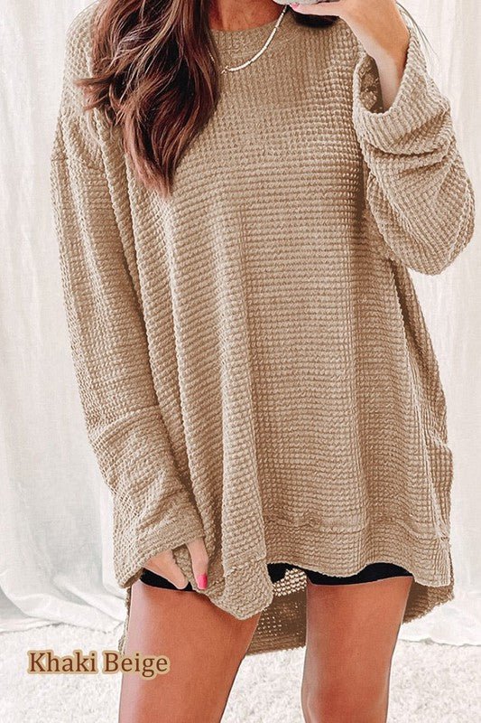 Waffle Knit Drop Sleeve Side Slits Oversized Top - RaeLynns Boutique