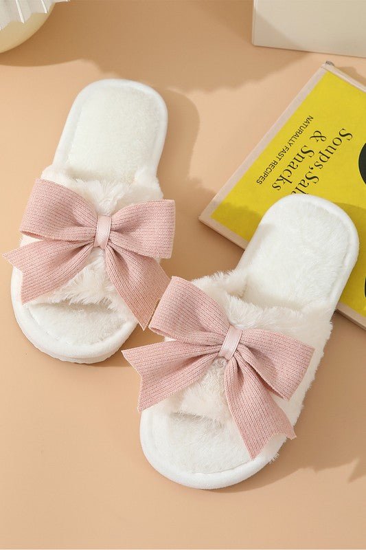 White Bow Knot Decor Open Toe Plush Slippers - RaeLynns Boutique