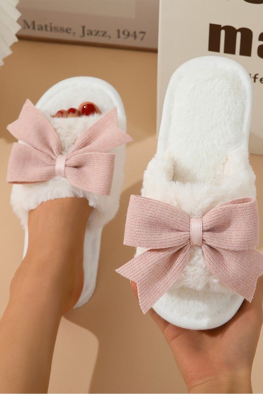 White Bow Knot Decor Open Toe Plush Slippers - RaeLynns Boutique