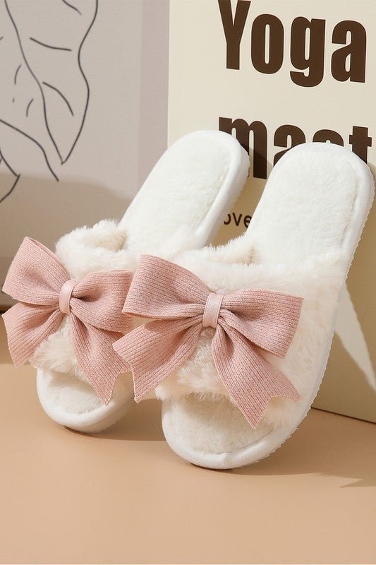 White Bow Knot Decor Open Toe Plush Slippers - RaeLynns Boutique