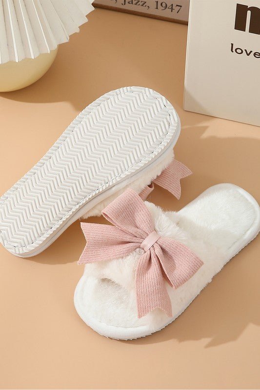 White Bow Knot Decor Open Toe Plush Slippers - RaeLynns Boutique
