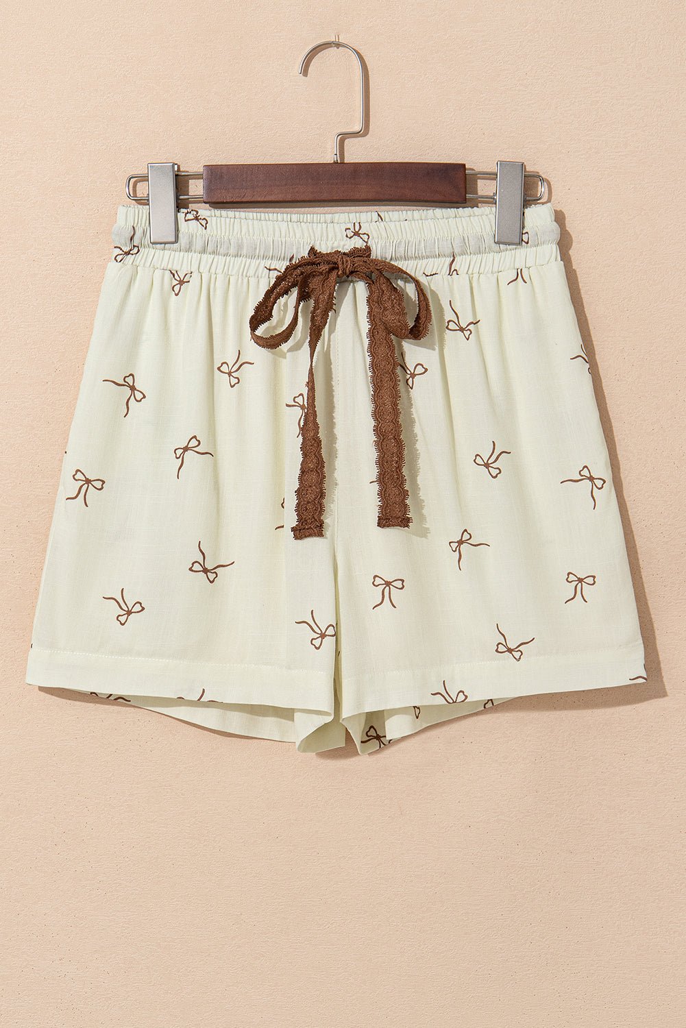 White Bow Print Lace Drawstring Elastic Waistband Casual Shorts - Raelynns&Co