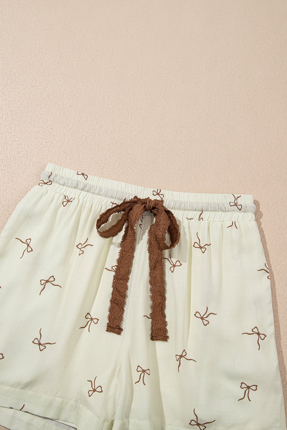 White Bow Print Lace Drawstring Elastic Waistband Casual Shorts - Raelynns&Co