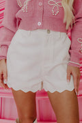 White Scalloped Hemline Acid Wash High Waist Denim Shorts - Raelynns&Co