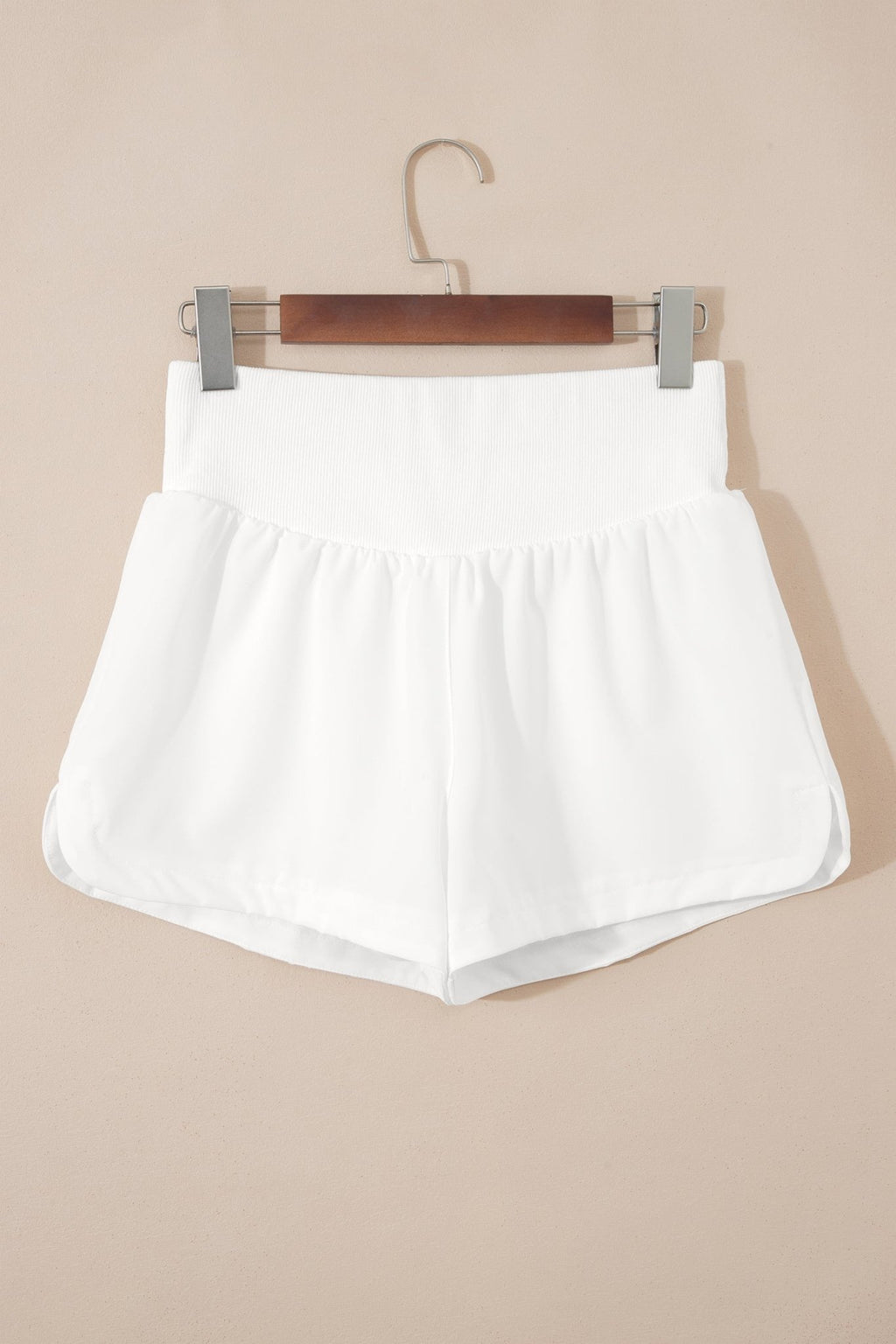 White Solid Color Ribbed Patchwork High Waist Athletic Shorts - Raelynns&Co