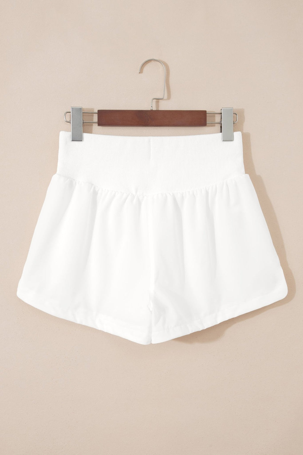 White Solid Color Ribbed Patchwork High Waist Athletic Shorts - Raelynns&Co