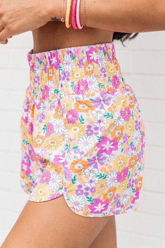 Women Boho Floral Shirred High Waist Casual Shorts - Raelynns&Co