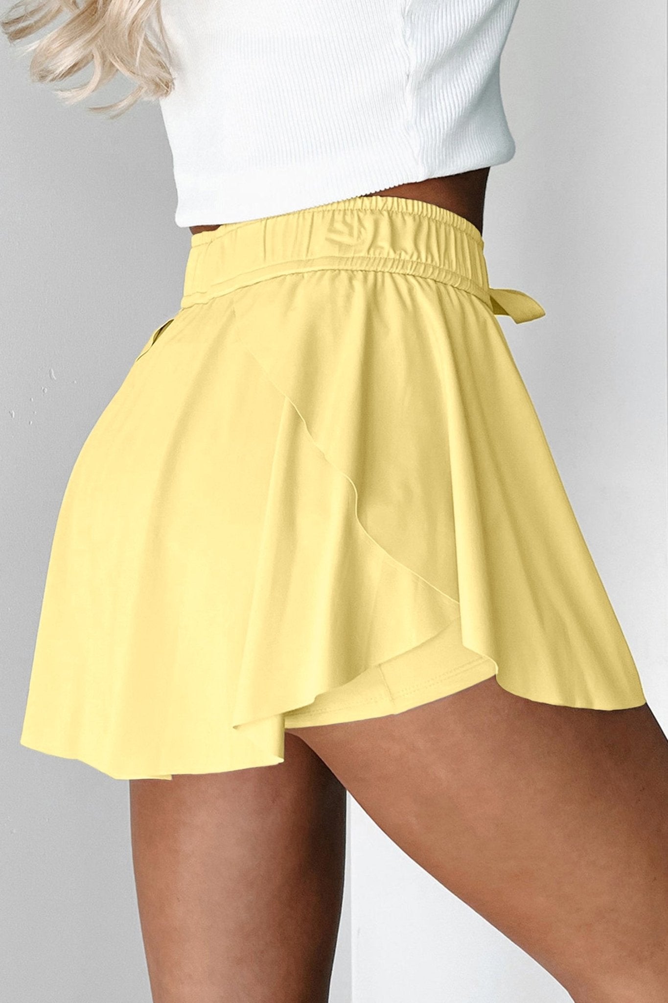 Yellow Cream Drawstring Elastic Waistband Lined Tennis Skorts - Raelynns&Co